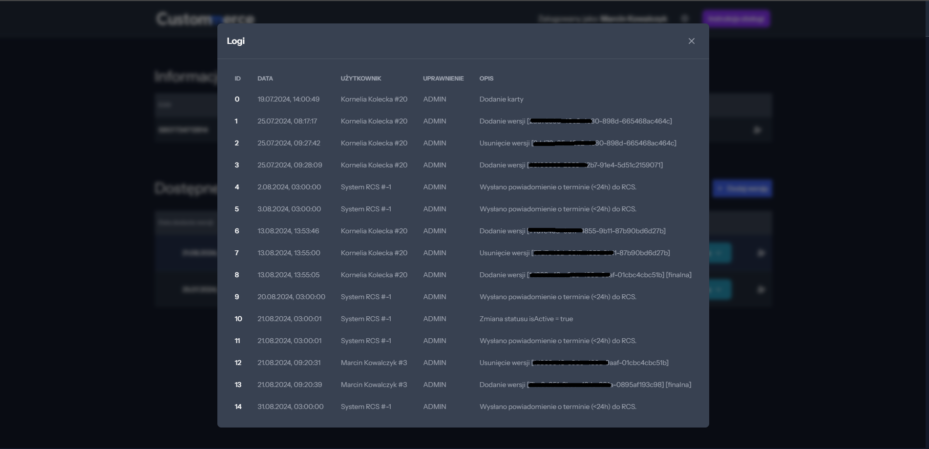 Card Comment App logs view
